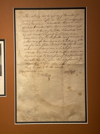 [DECLARATION OF INDEPENDENCE} [THOMAS MCKEAN}. Original framed holographic document from 1791 written and signed by Pennsylvania governor and Declaration of Independence signor Thomas McKean. Framed in archival gilt, archival matted frame along with 1833 steel engraving of McKean, with facsimile autograph. A beautiful ensemble.