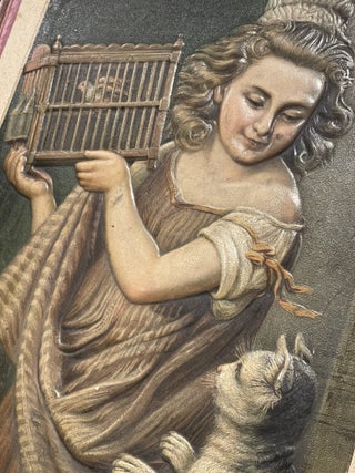 Item #12059 Victorian Canvas Relief Lithographic Artwork depicting woman holding bird in cage and...