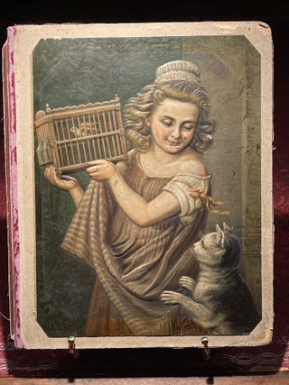 Victorian Canvas Relief Lithographic Artwork depicting woman holding bird in cage and cat showing interest.